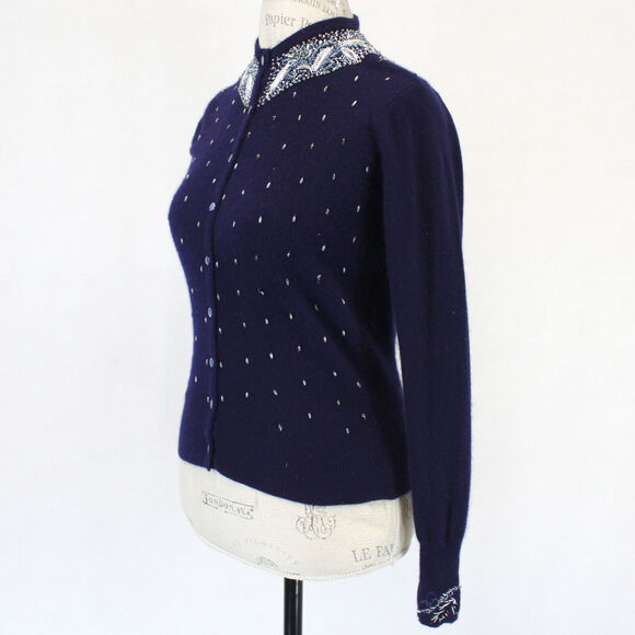 Teribus 100% Cashmere Vintage 50's Hand Beaded Navy Sweater Medium Scotland